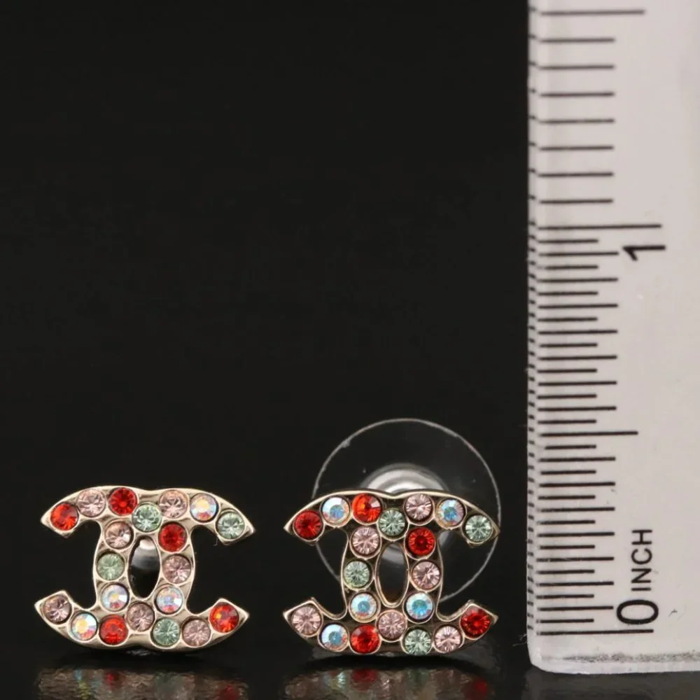 Chanel Multicolor Rhinestone CC Stud Earrings - Picture 2 of 6